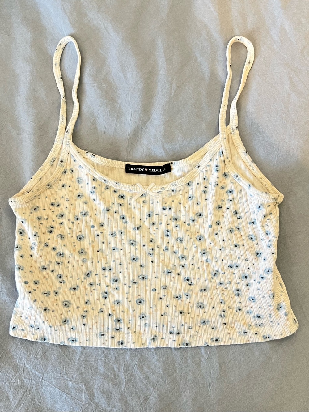 Brandy Melville Cream Ribbed Cropped Cami with Blue Floral Print